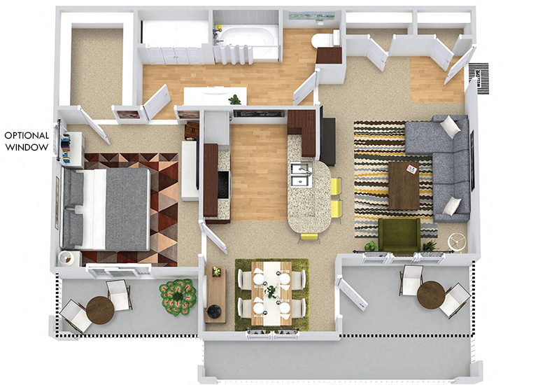 Floor plan for 1 bed, 1 bath, 802 sqft